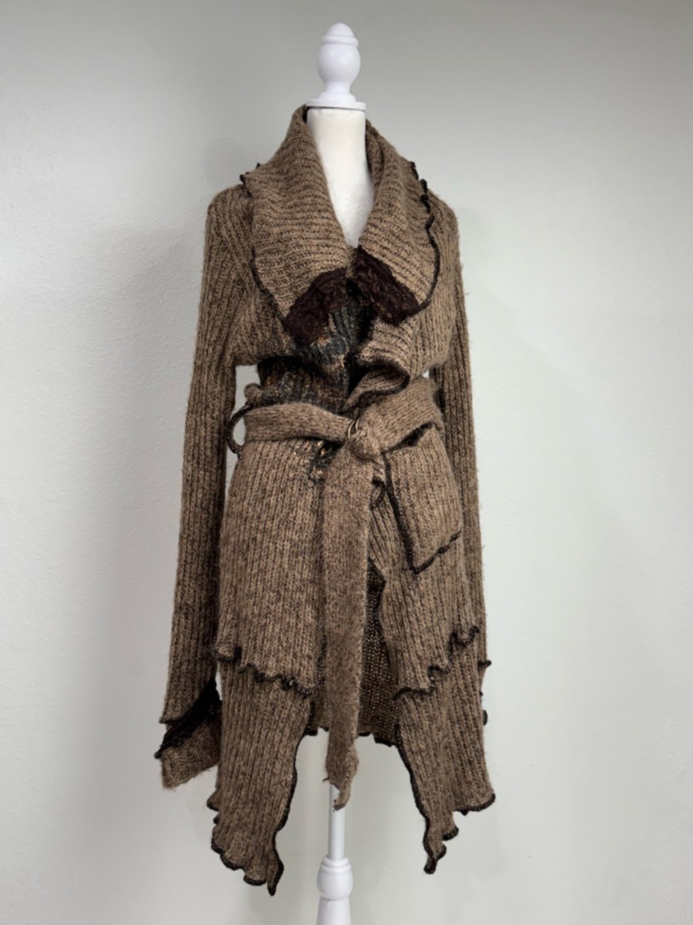 Y2K Zone Bleue French Knit Cardigan Belted Brown Lace Trim Boho Grunge Fairycore